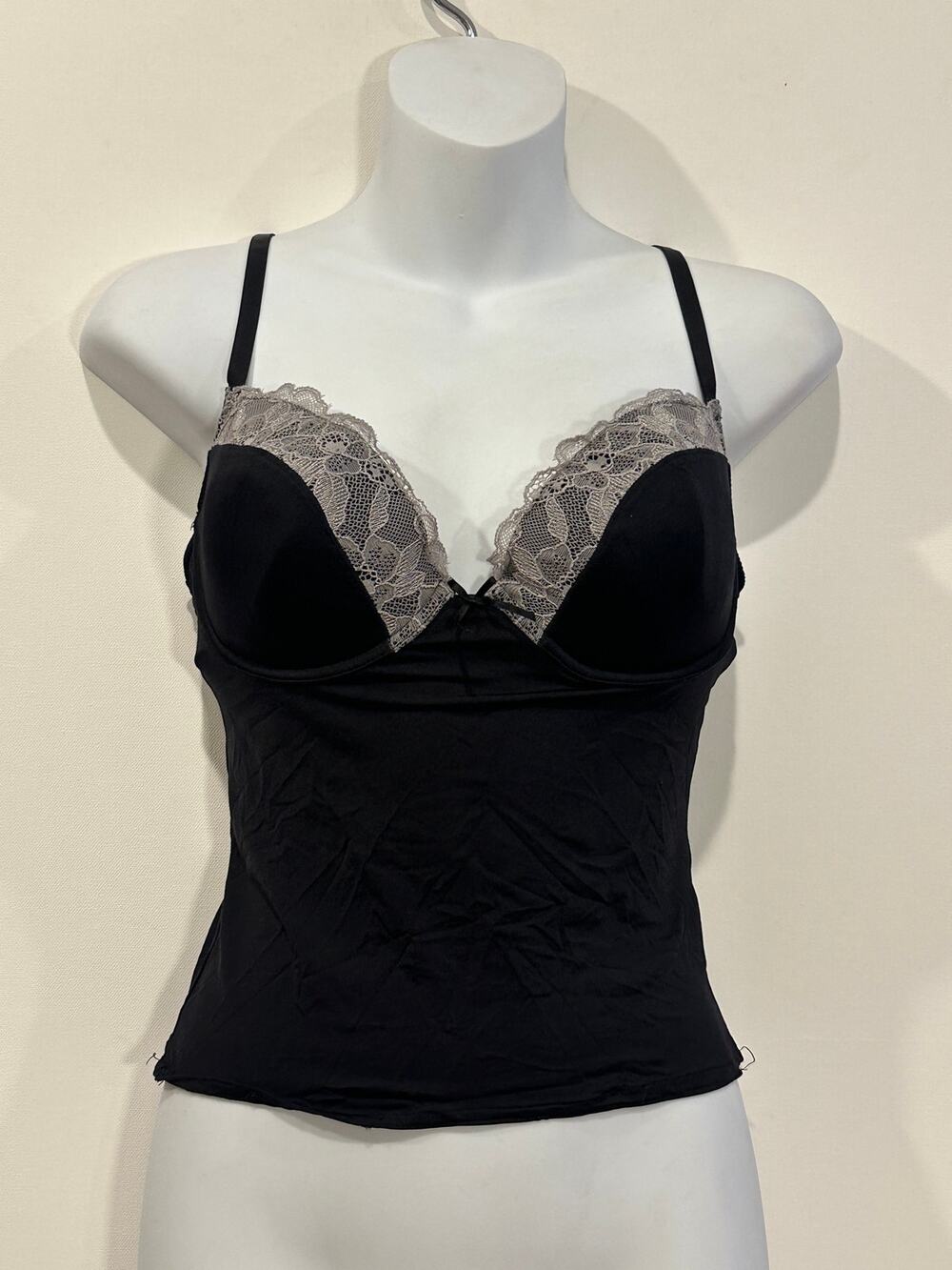 Vintage Coquillage Lingerie Black Underwire Corset Cami Tank Top Grey Lace